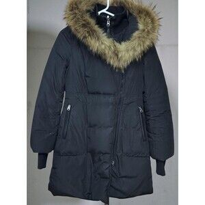 Mackage Women’s XS Black Down Puffer Coat Fur Trim Hood Leather Detail